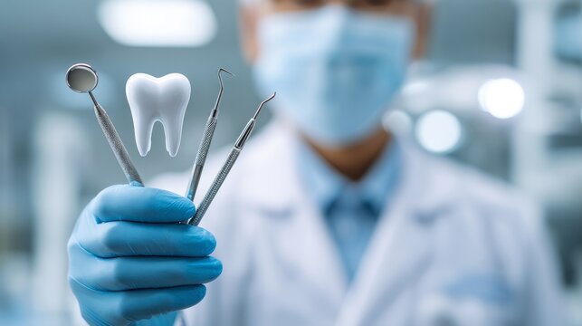 Dentist holding dental tools.