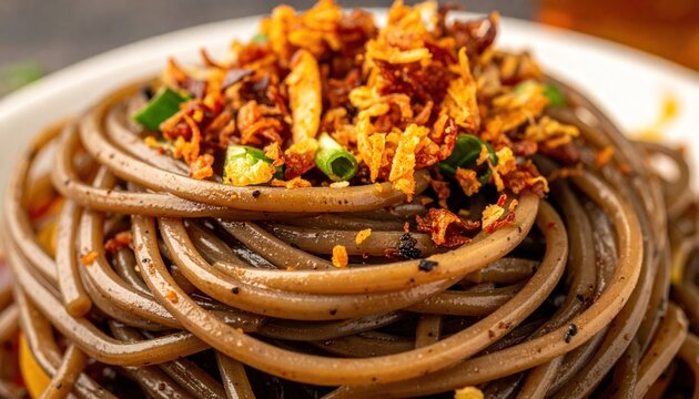 Delicious Buckwheat Noodles Topped with Crispy Garlic and Scallions.
