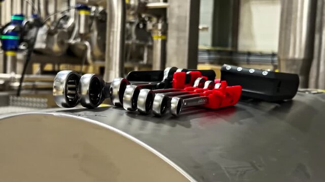 A Set of Neatly Arranged Wrenches and Tools Sits on a Work Surface - Close Up
