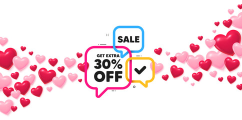 Sale 30 love banner with 3d hearts. Flying hearts background. Sale 30 percent banner. Discount sticker shape. Coupon bubbles icon. Valentines day greeting card. Vector © blankstock