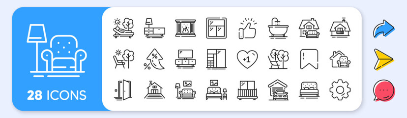 Obraz premium Furniture line icons. Interest rate, AI generate, Inflation icons. Balcony, house terrace and garden deckchair set. Home furniture, bath tub and fireplace line icons. Vector
