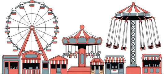 Wide summer festival scene with carousel swing ride Ferris wheel and concession stands, vibrant vector illustration isolated on white background © Mst