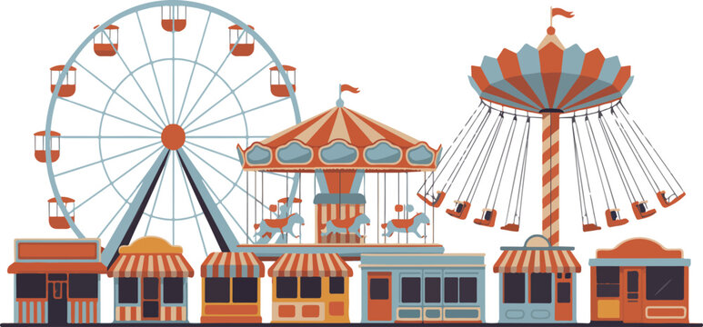 Wide summer festival scene with carousel swing ride Ferris wheel and concession stands, vibrant vector illustration isolated on white background