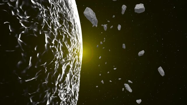 Floating asteroids orbit a mysterious planet illuminated by a distant star. Perfect for science fiction storytelling, educational space content, and cinematic backgrounds.