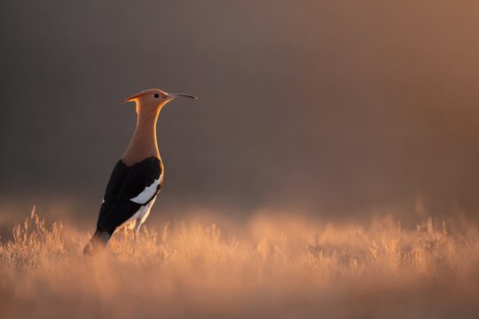 The is a of a bird standing in a field of tall golden grass. the bird is facing towards the right side of the with its head turned slightly to the left composition.