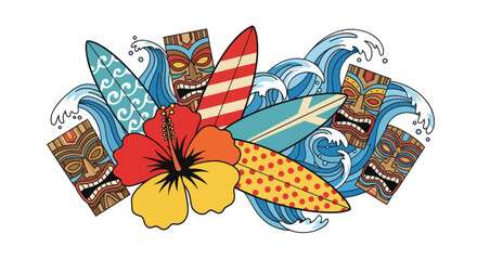 Hawaiian Tiki Masks, Surfboards, and Tropical Flower with Waves © rokok