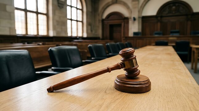 Courtroom gavel on a wooden desk in a law courtroom