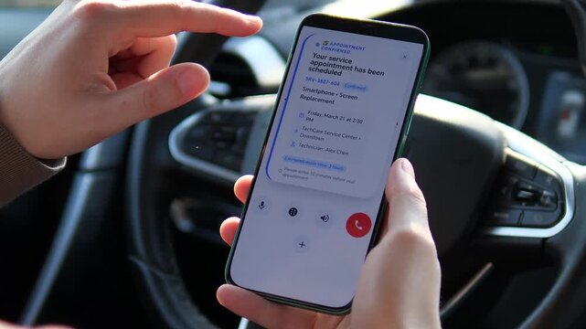 Booking a tech repair on the go. Person calls support to schedule a smartphone screen replacement. High-quality UI and professional car setting. Perfect for customer service and tech support