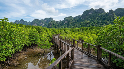 Fototapeta premium Wooden Boardwalk Through Green Mangrove Forest with Karst Limestone Mountains in Southern Thailand