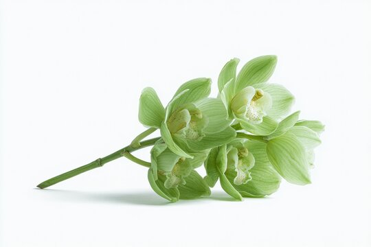 A bunch of green cymbidium orchids on a white background. the flowers have delicate petals and a vibrant green hue making them stand out against the stark white backdrop.