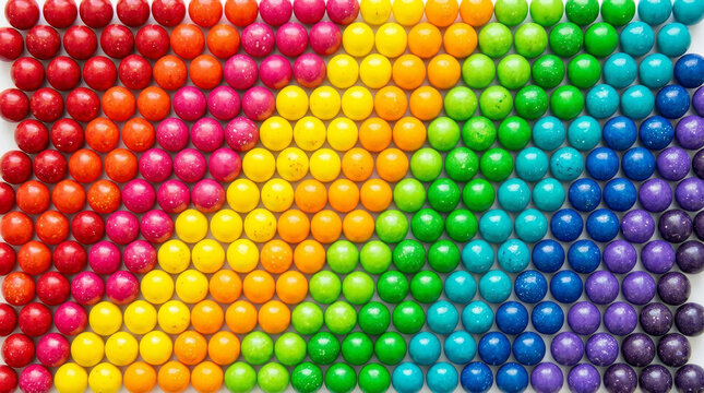 A vibrant gradient of colorful spherical objects arranged in an enchanting rainbow pattern, showcasing a stunning array of hues from red to purple.