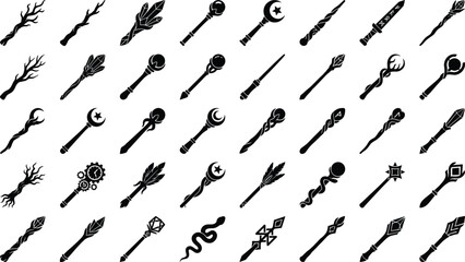 Collection of fantasy magic wand silhouettes isolated on white background for graphic design art © Mofajjol