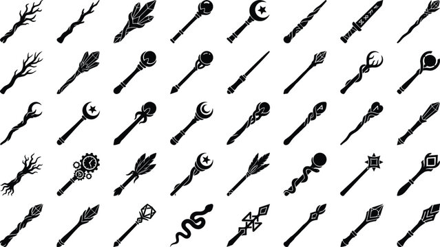 Collection of fantasy magic wand silhouettes isolated on white background for graphic design art