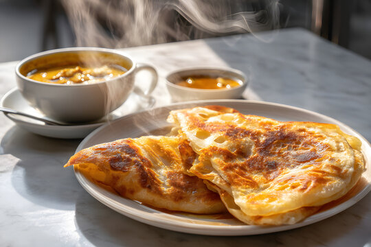 Classic Singapore Roti Prata Served on Round White Ceramic Dish with Curry Sauce and Steaming Hot Soup