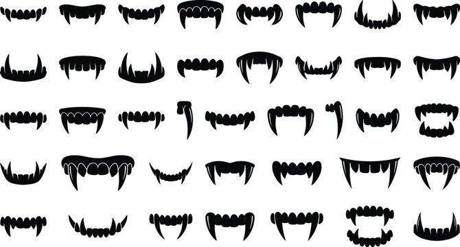 Collection of vampire teeth and fangs silhouettes on white background for horror and fantasy
