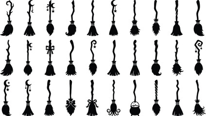 Witch broom silhouettes collection for magic ritual and mystical decoration halloween flying tools © Mofajjol