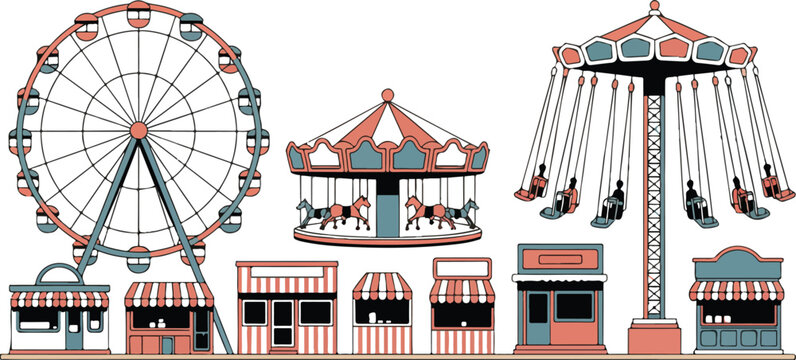 Wide summer festival scene with carousel swing ride Ferris wheel and concession stands, vibrant vector illustration isolated on white background