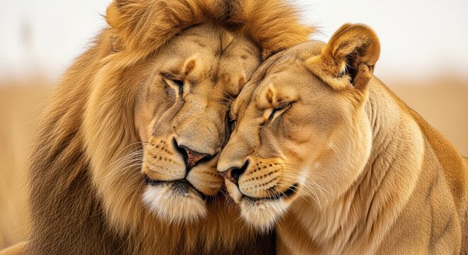 Two lions affectionately nuzzling each other in savannah
