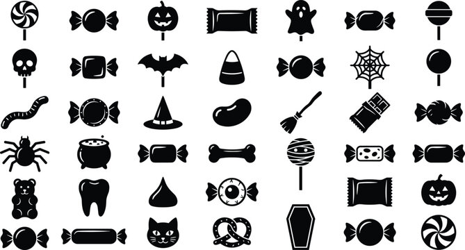 Set of halloween candy icons in black and white, various sweet treats and spooky snacks