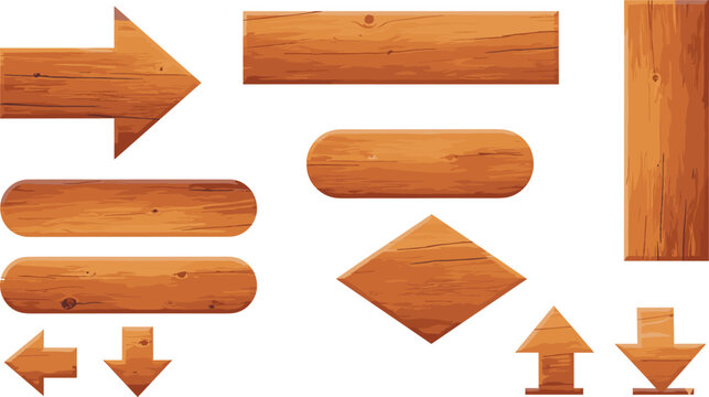 Set of 11 colorful flat vector illustrations of various wooden planks and buttons in different shapes isolated on a white background.
