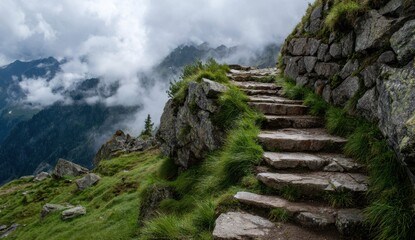 Obraz premium Stone staircase winding animated movie mountain slope with green grass and rocky outcrops in misty alpine environment