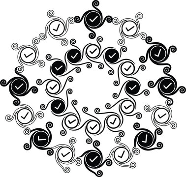 Decorative Check Mark Icon Set with Ornamental Swirl Elements and Approval Tick Symbols in Circular Arrangement Black and White Vector Illustration