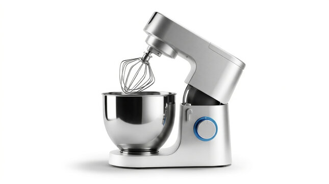 Stand mixer kitchen appliance electric mixer mixing bowl whisk stainless steel, modern countertop. Robot cooking assistance assistant to help automation, robotic smart chef kitchen