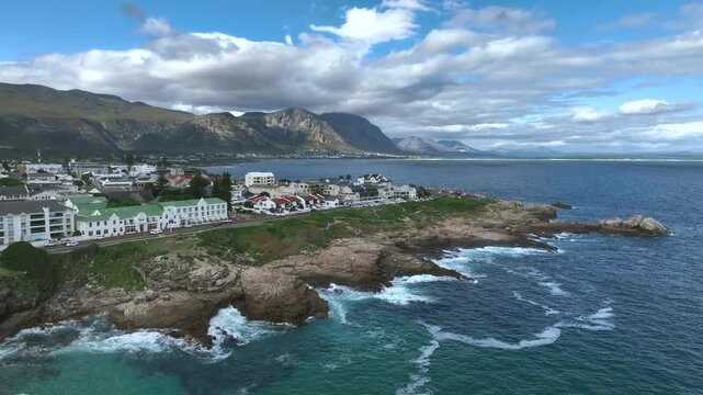 Approaching aerial view of Hermanus, South Africa.