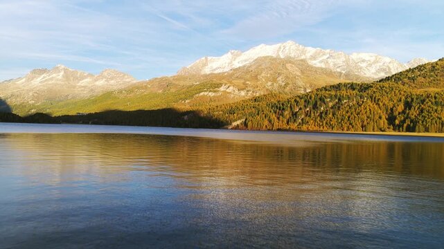 Sailboat on calm water of Lake Sils with reflections of snow-capped mountains and golden autumn larches in Maloja Pass, Switzerland. Aerial drone, copy space, spin shot