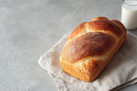 A loaf of bread sitting on top of a white napkin next to a glass of milk. the bread is goldenbrown in color and has a soft fluffy texture.