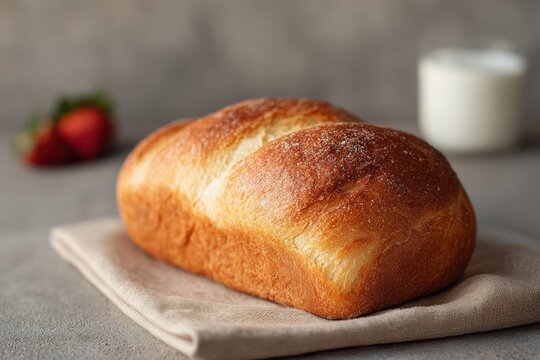 A loaf of sourdough bread sitting on top of a napkin next to a glass of milk with strawberries in the background and a blurry background.