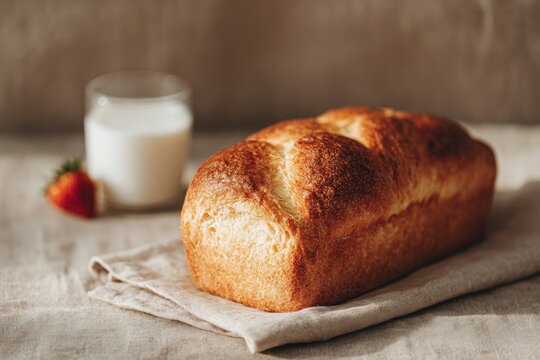 A loaf of bread sitting on top of a clothcovered table accompanied by a glass of milk and a strawberry. the background is slightly blurred giving the focus to the bread and the glass.