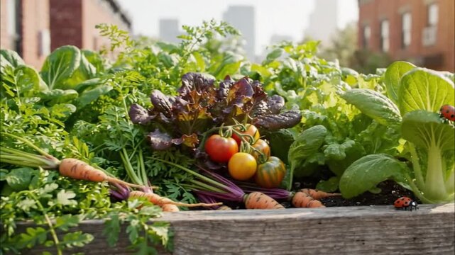 Bok choy and heirloom vegetables growing in raised garden bed, urban farming concept.