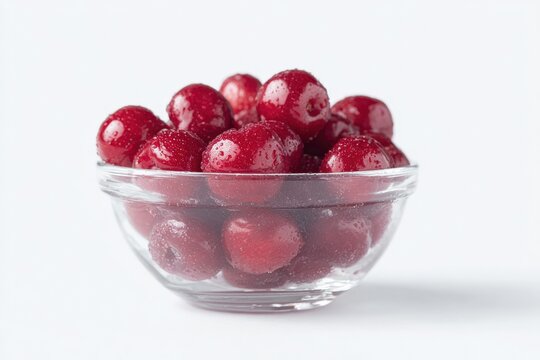 A glass bowl filled with cherries on top of a white table. the cherries are a deep red color and the bowl is filled to the brim with them.