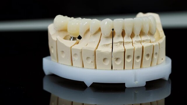 Complete teeth model with porcelain crowns and implants arranged in a clinical display. Shows modern restoration work, structure, and alignment used in professional dentistry and labs.