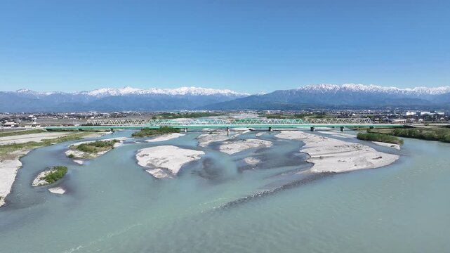 五月の黒部川河口から見た黒部川や北アルプスの山並みや黒部川扇状地の様子