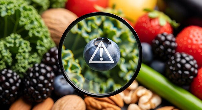 Magnified warning sign over colorful healthy food selection