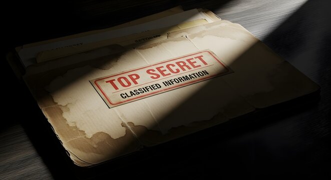 Aged document folder labeled secret with classified information