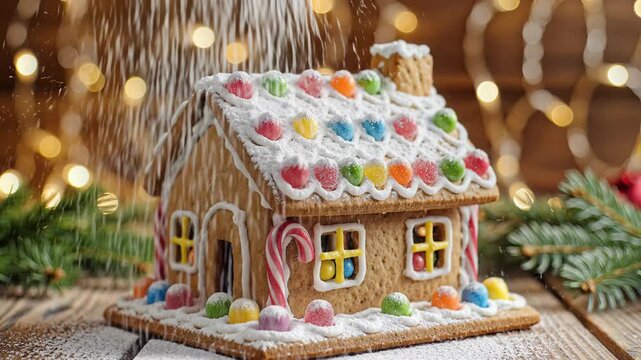 Festive Gingerbread House Decorated with Colorful Candies and Icing.
