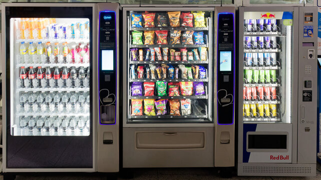 Snack and drink vending self-service machines at the airport.