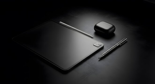 Modern dark moody workspace featuring sleek black digital tablet with stylus pen and wireless audio earbuds