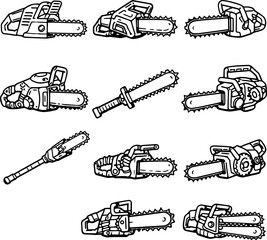 Obraz premium Collection of various chainsaw and handsaw illustrations in black and white line art style