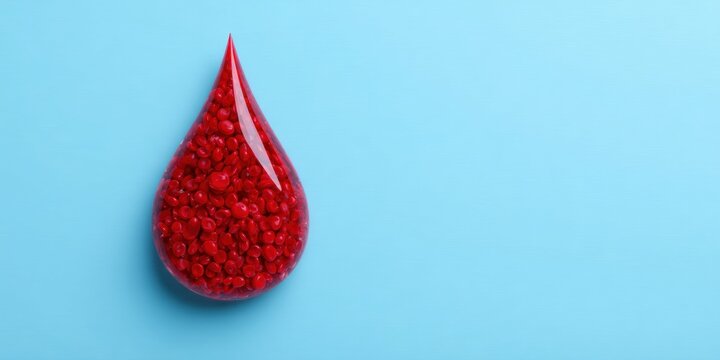 red blood cell droplet icon isolated on light blue background with copy space representing polycythemia awareness and hematology concept