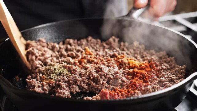 Cooking Ground Beef with Spices in a Cast Iron Skillet.