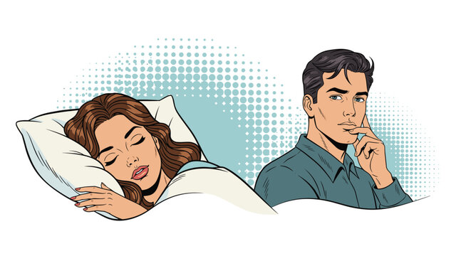 Young man looking thoughtfully at beautiful sleeping woman in bed illustrating relationship problems or secret thoughts.