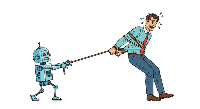 Small blue robot pulling worried businessman tied with ropes representing automation and artificial intelligence threat.