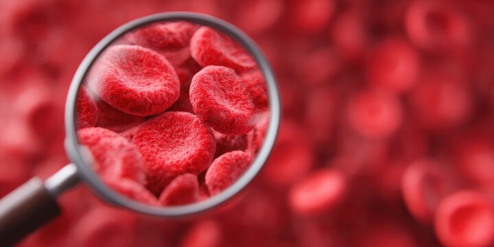 magnifying glass focused on human red blood cells under microscope scientific hematology analysis polycythemia concept clinical laboratory research microscopic blood study visualization