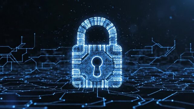 Digital padlock assembling from blue light particles on a holographic circuit board in a cinematic zoom for cybersecurity marketing