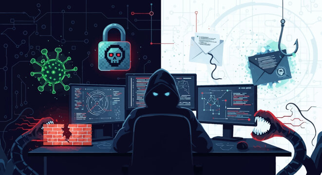 Cybercriminal hacker in a dark room surrounded by digital threats like viruses, phishing, and broken data.