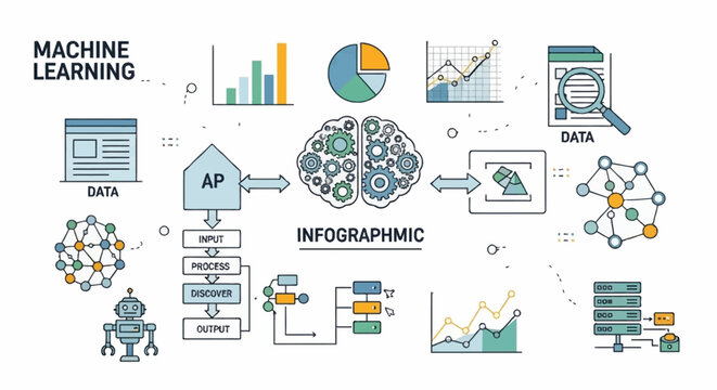 Infographic illustrating the core concepts and processes of machine learning, including data input, algorithms, and output.